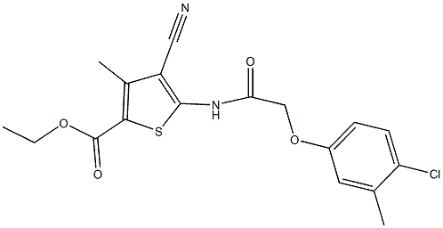 ethyl 5-{[(4-chloro-3-methylphenoxy)acetyl]amino}-4-cyano-3-methyl-2-thiophenecarboxylate Struktur