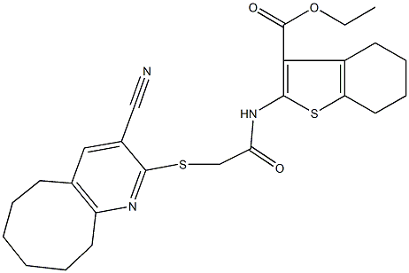 ethyl 2-({[(3-cyano-5,6,7,8,9,10-hexahydrocycloocta[b]pyridin-2-yl)sulfanyl]acetyl}amino)-4,5,6,7-tetrahydro-1-benzothiophene-3-carboxylate Struktur