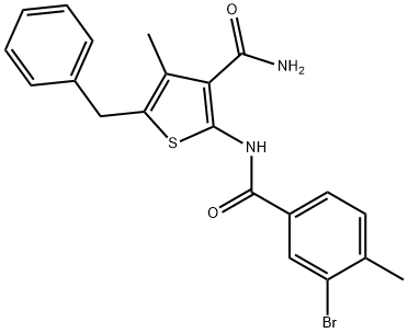 5-benzyl-2-[(3-bromo-4-methylbenzoyl)amino]-4-methyl-3-thiophenecarboxamide Struktur