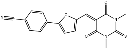 4-{5-[(1,3-dimethyl-4,6-dioxo-2-thioxotetrahydro-5(2H)-pyrimidinylidene)methyl]-2-furyl}benzonitrile Struktur