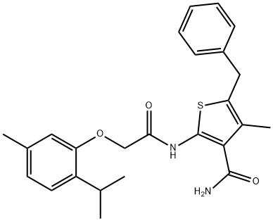 5-benzyl-2-{[(2-isopropyl-5-methylphenoxy)acetyl]amino}-4-methyl-3-thiophenecarboxamide Struktur