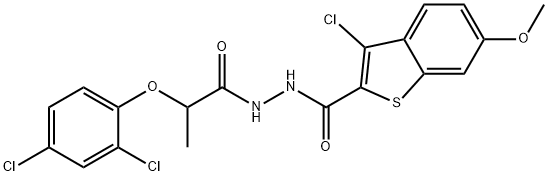 3-chloro-N'-[2-(2,4-dichlorophenoxy)propanoyl]-6-methoxy-1-benzothiophene-2-carbohydrazide Struktur