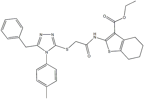 ethyl 2-[({[5-benzyl-4-(4-methylphenyl)-4H-1,2,4-triazol-3-yl]sulfanyl}acetyl)amino]-4,5,6,7-tetrahydro-1-benzothiophene-3-carboxylate Struktur