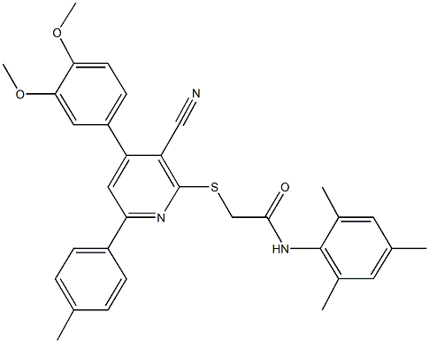 2-{[3-cyano-4-(3,4-dimethoxyphenyl)-6-(4-methylphenyl)-2-pyridinyl]sulfanyl}-N-mesitylacetamide Struktur