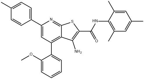 3-amino-N-mesityl-4-(2-methoxyphenyl)-6-(4-methylphenyl)thieno[2,3-b]pyridine-2-carboxamide Struktur