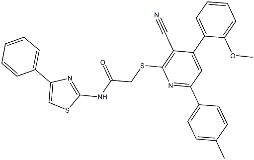 2-{[3-cyano-4-(2-methoxyphenyl)-6-(4-methylphenyl)-2-pyridinyl]sulfanyl}-N-(4-phenyl-1,3-thiazol-2-yl)acetamide Struktur