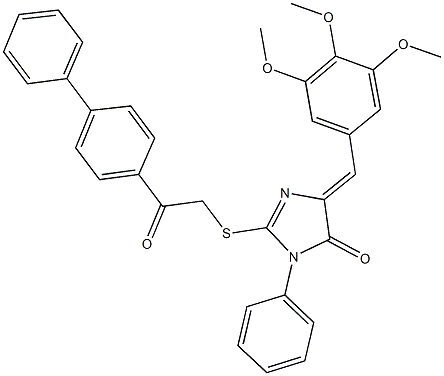 2-[(2-[1,1'-biphenyl]-4-yl-2-oxoethyl)sulfanyl]-3-phenyl-5-(3,4,5-trimethoxybenzylidene)-3,5-dihydro-4H-imidazol-4-one Struktur