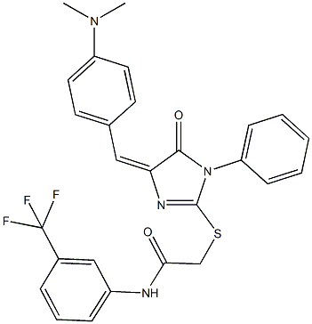 2-({4-[4-(dimethylamino)benzylidene]-5-oxo-1-phenyl-4,5-dihydro-1H-imidazol-2-yl}sulfanyl)-N-[3-(trifluoromethyl)phenyl]acetamide Struktur