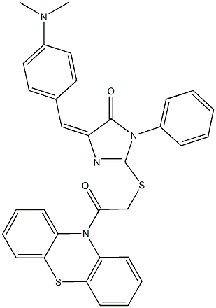 5-[4-(dimethylamino)benzylidene]-2-{[2-oxo-2-(10H-phenothiazin-10-yl)ethyl]sulfanyl}-3-phenyl-3,5-dihydro-4H-imidazol-4-one Struktur