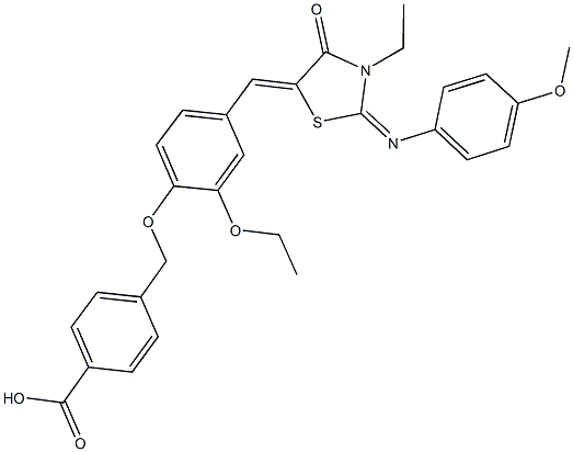 4-{[2-ethoxy-4-({3-ethyl-2-[(4-methoxyphenyl)imino]-4-oxo-1,3-thiazolidin-5-ylidene}methyl)phenoxy]methyl}benzoic acid Struktur