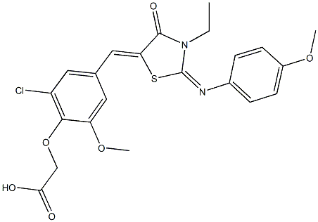 [2-chloro-4-({3-ethyl-2-[(4-methoxyphenyl)imino]-4-oxo-1,3-thiazolidin-5-ylidene}methyl)-6-methoxyphenoxy]acetic acid Struktur