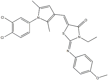 5-{[1-(3,4-dichlorophenyl)-2,5-dimethyl-1H-pyrrol-3-yl]methylene}-3-ethyl-2-[(4-methoxyphenyl)imino]-1,3-thiazolidin-4-one Struktur