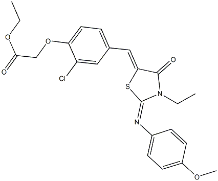 ethyl [2-chloro-4-({3-ethyl-2-[(4-methoxyphenyl)imino]-4-oxo-1,3-thiazolidin-5-ylidene}methyl)phenoxy]acetate Struktur