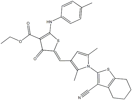 ethyl 5-{[1-(3-cyano-4,5,6,7-tetrahydro-1-benzothien-2-yl)-2,5-dimethyl-1H-pyrrol-3-yl]methylene}-4-oxo-2-(4-toluidino)-4,5-dihydro-3-thiophenecarboxylate Struktur