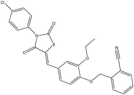 2-[(4-{[3-(4-chlorophenyl)-2,4-dioxo-1,3-thiazolidin-5-ylidene]methyl}-2-ethoxyphenoxy)methyl]benzonitrile Struktur