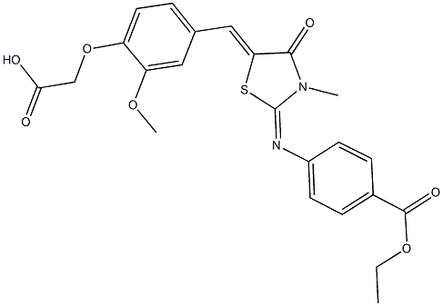 {4-[(2-{[4-(ethoxycarbonyl)phenyl]imino}-3-methyl-4-oxo-1,3-thiazolidin-5-ylidene)methyl]-2-methoxyphenoxy}acetic acid Struktur