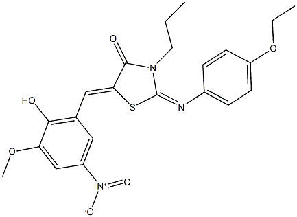 2-[(4-ethoxyphenyl)imino]-5-{2-hydroxy-5-nitro-3-methoxybenzylidene}-3-propyl-1,3-thiazolidin-4-one Struktur