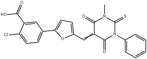 2-chloro-5-{5-[(1-methyl-4,6-dioxo-3-phenyl-2-thioxotetrahydro-5(2H)-pyrimidinylidene)methyl]-2-furyl}benzoic acid Struktur