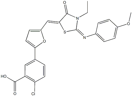 2-chloro-5-[5-({3-ethyl-2-[(4-methoxyphenyl)imino]-4-oxo-1,3-thiazolidin-5-ylidene}methyl)-2-furyl]benzoic acid Struktur