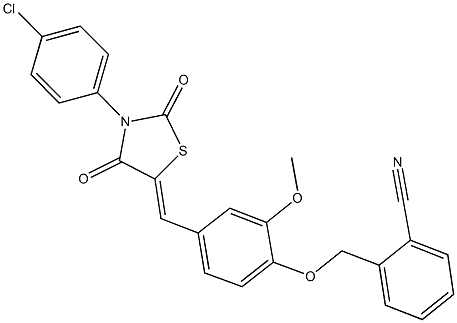 2-[(4-{[3-(4-chlorophenyl)-2,4-dioxo-1,3-thiazolidin-5-ylidene]methyl}-2-methoxyphenoxy)methyl]benzonitrile Struktur