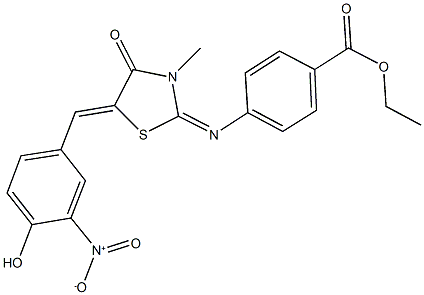 ethyl 4-[(5-{4-hydroxy-3-nitrobenzylidene}-3-methyl-4-oxo-1,3-thiazolidin-2-ylidene)amino]benzoate Struktur