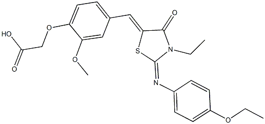 [4-({2-[(4-ethoxyphenyl)imino]-3-ethyl-4-oxo-1,3-thiazolidin-5-ylidene}methyl)-2-methoxyphenoxy]aceticacid Struktur