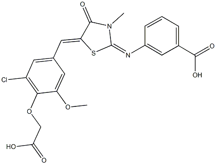 3-({5-[4-(carboxymethoxy)-3-chloro-5-methoxybenzylidene]-3-methyl-4-oxo-1,3-thiazolidin-2-ylidene}amino)benzoic acid Struktur