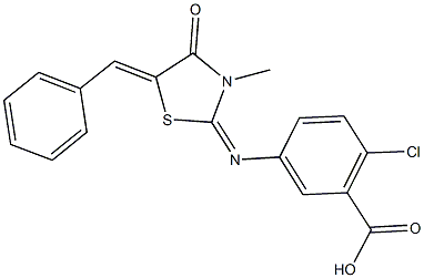 5-[(5-benzylidene-3-methyl-4-oxo-1,3-thiazolidin-2-ylidene)amino]-2-chlorobenzoic acid Struktur