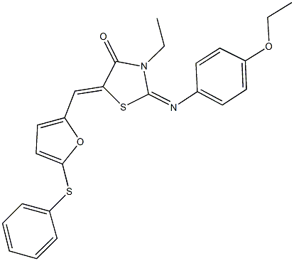 2-[(4-ethoxyphenyl)imino]-3-ethyl-5-{[5-(phenylsulfanyl)-2-furyl]methylene}-1,3-thiazolidin-4-one Struktur