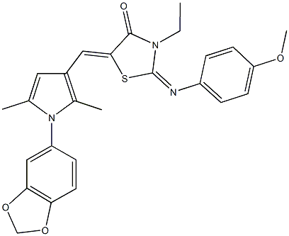 5-{[1-(1,3-benzodioxol-5-yl)-2,5-dimethyl-1H-pyrrol-3-yl]methylene}-3-ethyl-2-[(4-methoxyphenyl)imino]-1,3-thiazolidin-4-one Struktur