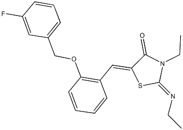 3-ethyl-2-(ethylimino)-5-{2-[(3-fluorobenzyl)oxy]benzylidene}-1,3-thiazolidin-4-one Struktur