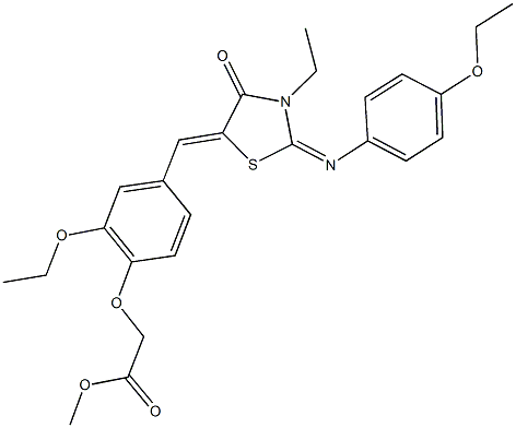 methyl [2-ethoxy-4-({2-[(4-ethoxyphenyl)imino]-3-ethyl-4-oxo-1,3-thiazolidin-5-ylidene}methyl)phenoxy]acetate Struktur