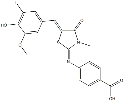 4-{[5-(4-hydroxy-3-iodo-5-methoxybenzylidene)-3-methyl-4-oxo-1,3-thiazolidin-2-ylidene]amino}benzoic acid Struktur