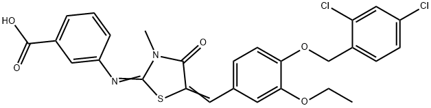 3-[(5-{4-[(2,4-dichlorobenzyl)oxy]-3-ethoxybenzylidene}-3-methyl-4-oxo-1,3-thiazolidin-2-ylidene)amino]benzoic acid Struktur