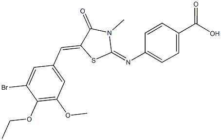 4-{[5-(3-bromo-4-ethoxy-5-methoxybenzylidene)-3-methyl-4-oxo-1,3-thiazolidin-2-ylidene]amino}benzoic acid Struktur