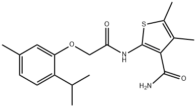 2-{[(2-isopropyl-5-methylphenoxy)acetyl]amino}-4,5-dimethyl-3-thiophenecarboxamide Struktur