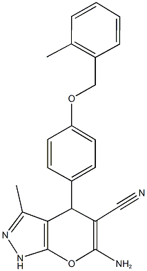 6-amino-3-methyl-4-{4-[(2-methylbenzyl)oxy]phenyl}-1,4-dihydropyrano[2,3-c]pyrazole-5-carbonitrile Struktur