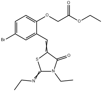 ethyl (4-bromo-2-{[3-ethyl-2-(ethylimino)-4-oxo-1,3-thiazolidin-5-ylidene]methyl}phenoxy)acetate Struktur