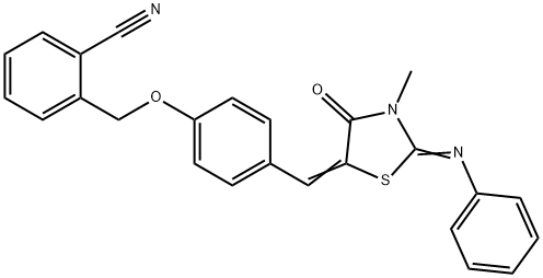 2-[(4-{[3-methyl-4-oxo-2-(phenylimino)-1,3-thiazolidin-5-ylidene]methyl}phenoxy)methyl]benzonitrile Struktur