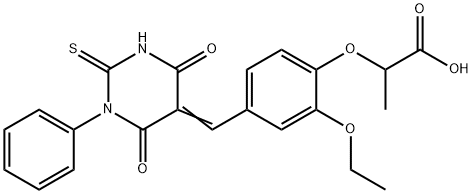 2-{4-[(4,6-dioxo-1-phenyl-2-thioxotetrahydropyrimidin-5(2H)-ylidene)methyl]-2-ethoxyphenoxy}propanoic acid Struktur