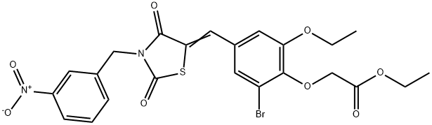 ethyl {2-bromo-6-ethoxy-4-[(3-{3-nitrobenzyl}-2,4-dioxo-1,3-thiazolidin-5-ylidene)methyl]phenoxy}acetate Struktur