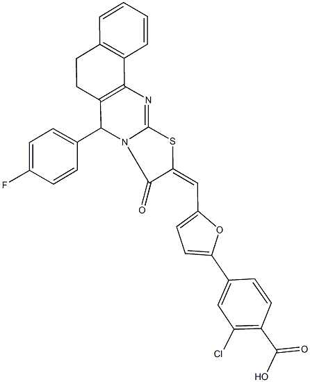 2-chloro-4-{5-[(7-(4-fluorophenyl)-9-oxo-5,7-dihydro-6H-benzo[h][1,3]thiazolo[2,3-b]quinazolin-10(9H)-ylidene)methyl]-2-furyl}benzoic acid Struktur