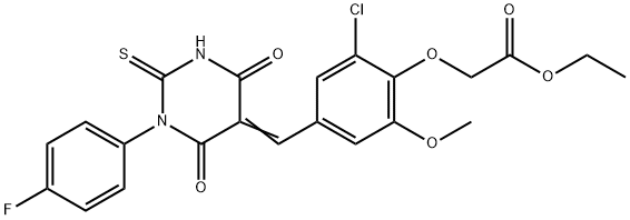 ethyl {2-chloro-4-[(1-(4-fluorophenyl)-4,6-dioxo-2-thioxotetrahydro-5(2H)-pyrimidinylidene)methyl]-6-methoxyphenoxy}acetate Struktur