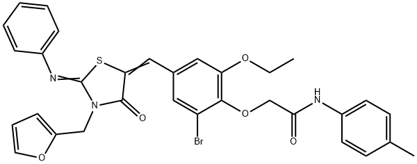 2-(2-bromo-6-ethoxy-4-{[3-(2-furylmethyl)-4-oxo-2-(phenylimino)-1,3-thiazolidin-5-ylidene]methyl}phenoxy)-N-(4-methylphenyl)acetamide Struktur