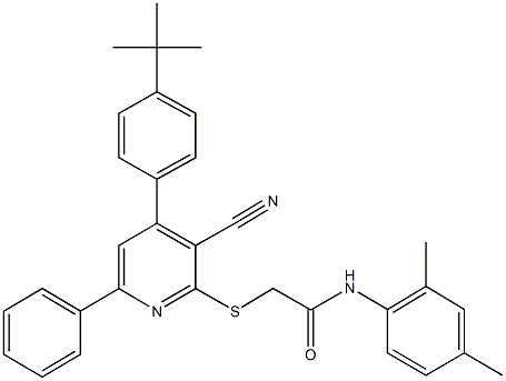 2-{[4-(4-tert-butylphenyl)-3-cyano-6-phenyl-2-pyridinyl]sulfanyl}-N-(2,4-dimethylphenyl)acetamide Struktur