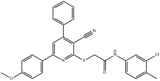 N-(3-chloro-4-methylphenyl)-2-{[3-cyano-6-(4-methoxyphenyl)-4-phenyl-2-pyridinyl]sulfanyl}acetamide Struktur