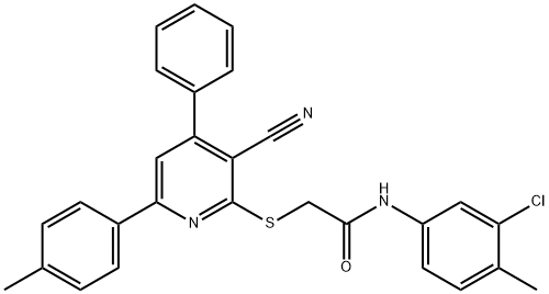 N-(3-chloro-4-methylphenyl)-2-{[3-cyano-6-(4-methylphenyl)-4-phenyl-2-pyridinyl]sulfanyl}acetamide Struktur