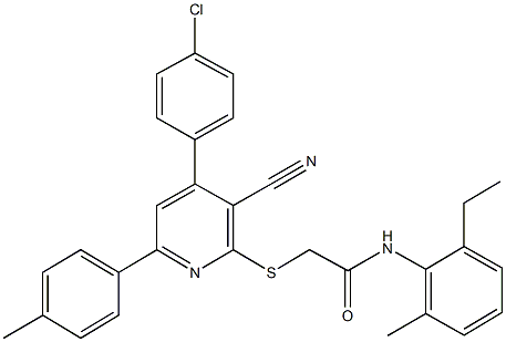 2-{[4-(4-chlorophenyl)-3-cyano-6-(4-methylphenyl)-2-pyridinyl]sulfanyl}-N-(2-ethyl-6-methylphenyl)acetamide Struktur