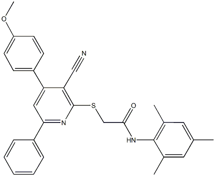 2-{[3-cyano-4-(4-methoxyphenyl)-6-phenyl-2-pyridinyl]sulfanyl}-N-mesitylacetamide Struktur