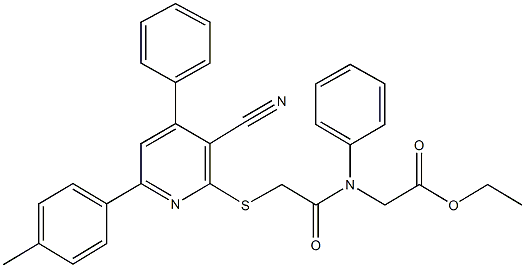 ethyl [({[3-cyano-6-(4-methylphenyl)-4-phenyl-2-pyridinyl]sulfanyl}acetyl)anilino]acetate Struktur